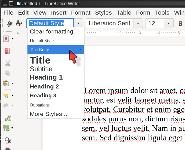 The Styles menu in LibreOffice Writer, showing the most
        common styles.